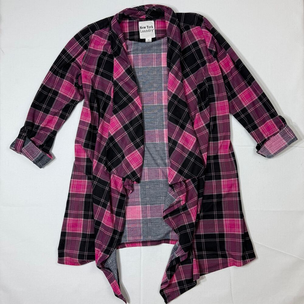 New York Laundry Women’s Size M Open Front Plaid Cardigan Shirt Pink Black